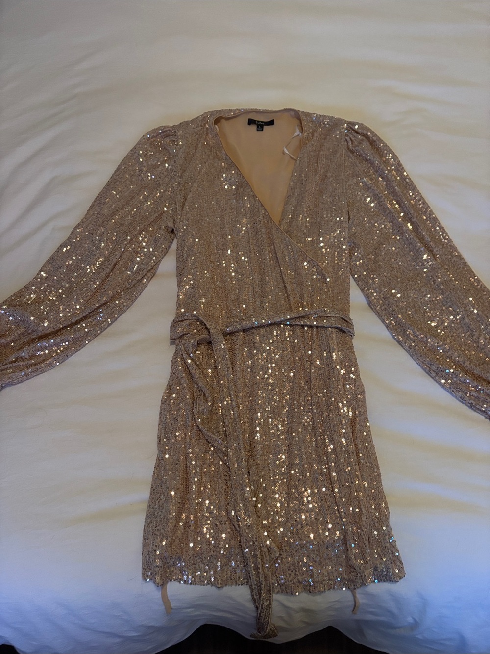 Lulu's Champagne Sequin Wrap Long-Sleeve Mini Dress